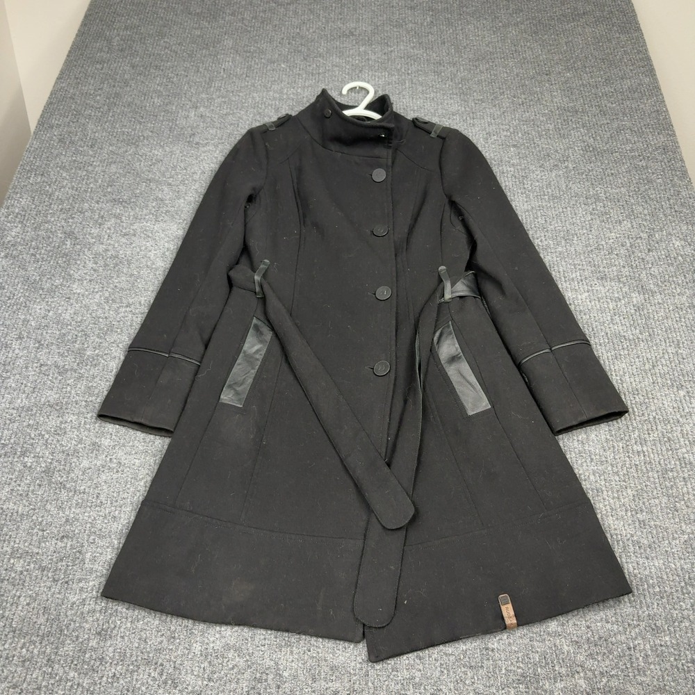 Rudsak Coat Womens S Black Wool Blend Leather Trim Belted Quilted Long Jacket